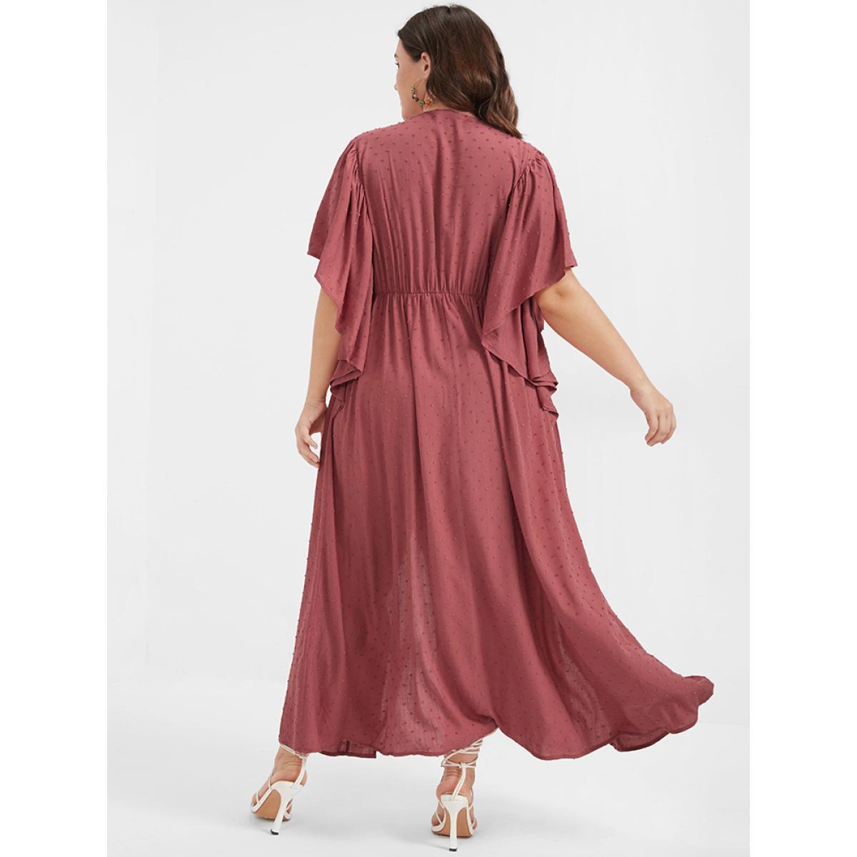 Plus Size Solid V Neck Ruffles Split Embroidered Maxi Dress DustyPink Women Elegant Elastic Waist V-neck Short sleeve Curvy Long Dress BloomChic 30/6X Product Image