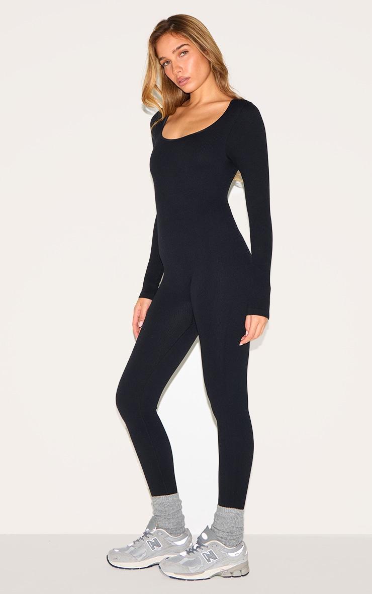 Black Snatched Rib Square Neck Long Sleeve Jumpsuit Product Image