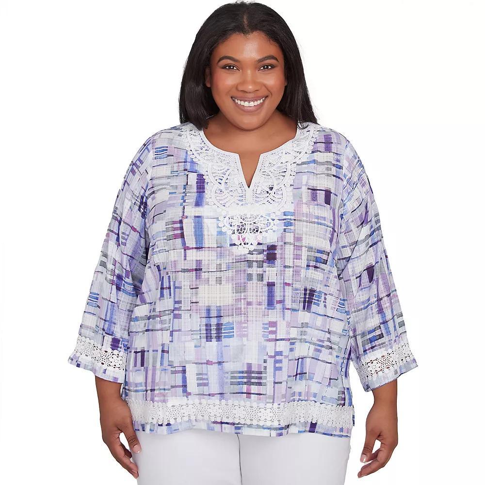 Plus Size Alfred Dunner Watercolor Plaid Lace Neck Top, Women's, Size: 1XL, Purple Product Image