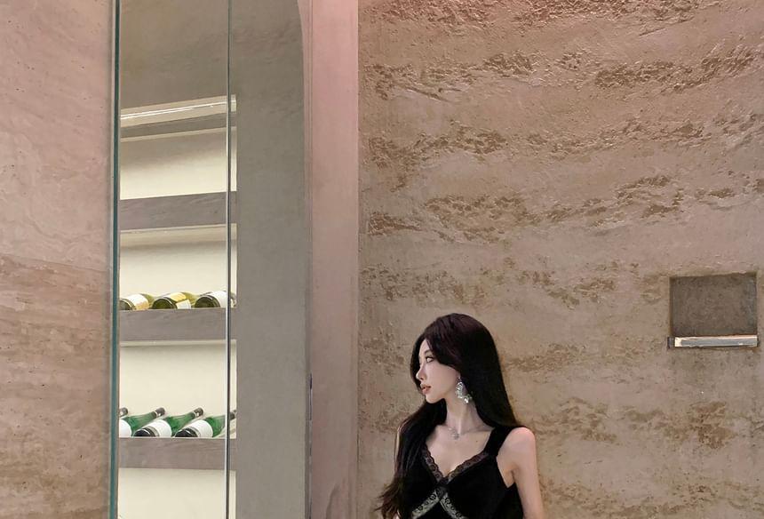 Spaghetti Strap V-Neck Velvet Lace Trim Maxi A-Line Dress Product Image