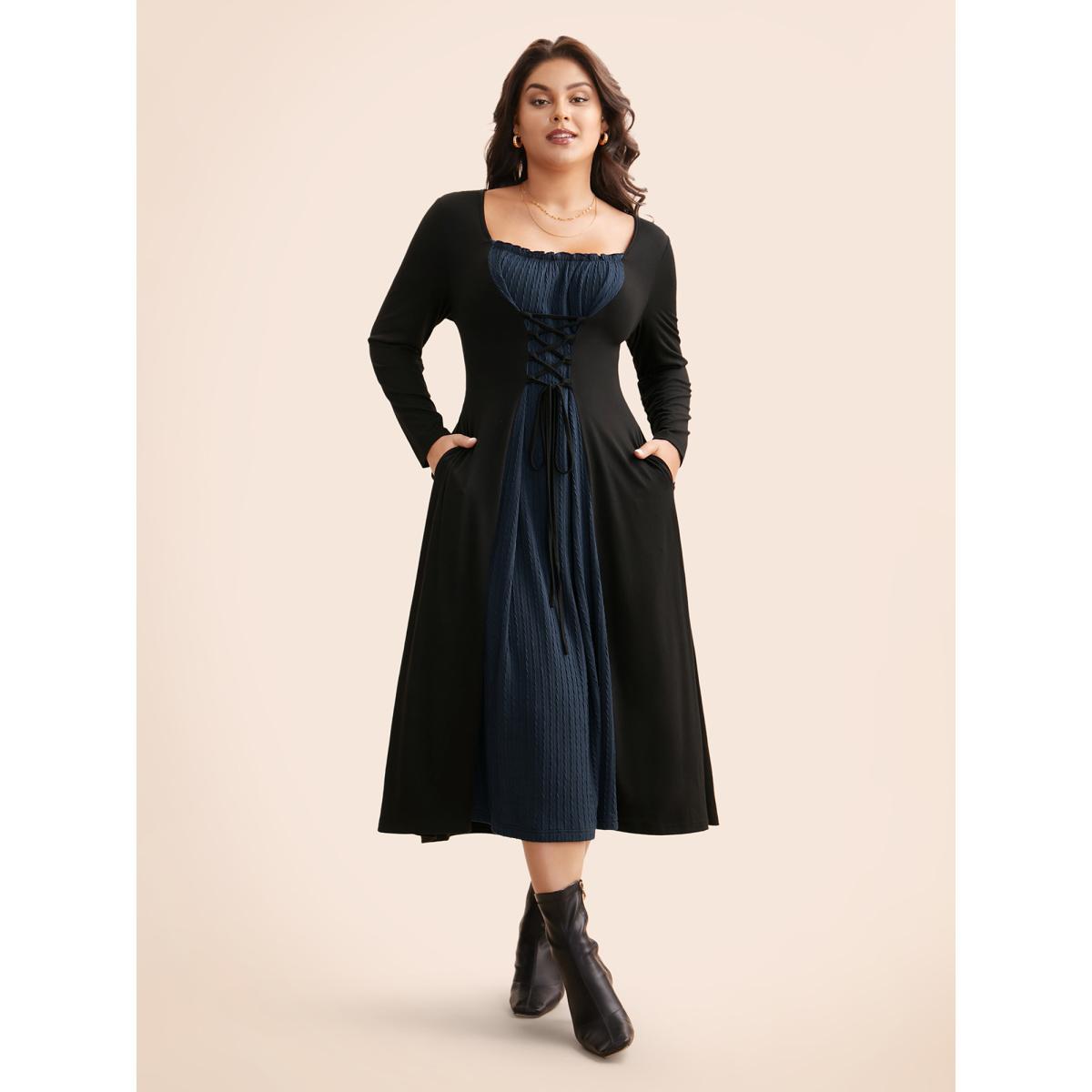 Plus Size Square Neck Textured Patchwork Crisscross Dress Indigo Women Elegant Wraparound straps Square Neck Long Sleeve Curvy BloomChic 10/M Product Image