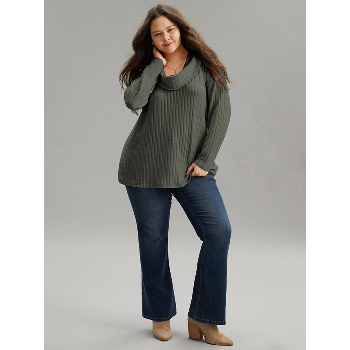 Plus Size Plain Rib Knit Cowl Neck T-shirt Green Women Elegant Texture Plain Ruffled collar Dailywear T-shirts BloomChic 10/M Product Image