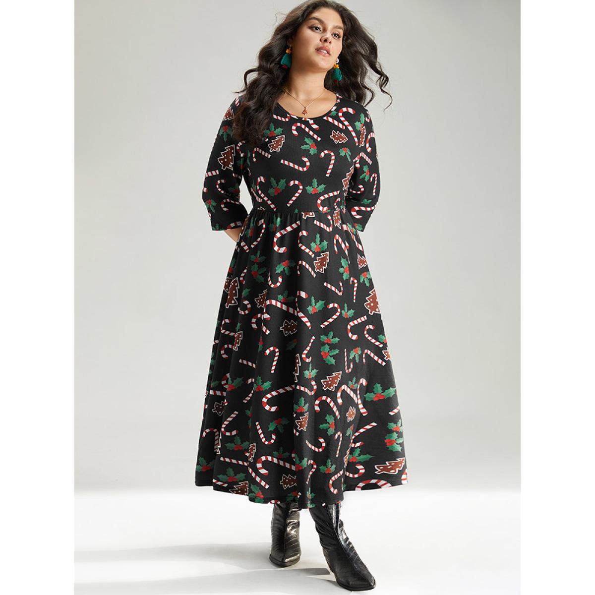 Plus Size Christmas Print Pocket Elastic Waist Dress Black Women Casual Printed Round Neck Long Sleeve Curvy Midi Dress BloomChic 26/4X Product Image