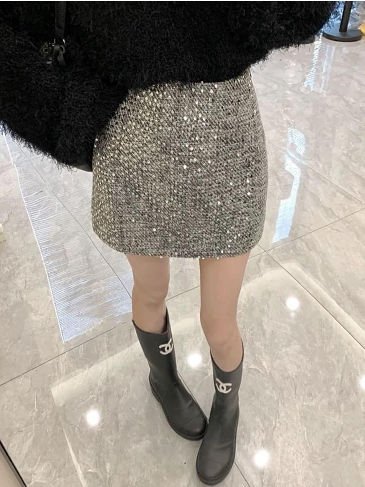 High Waist Sequined A-Line Mini Skirt Product Image