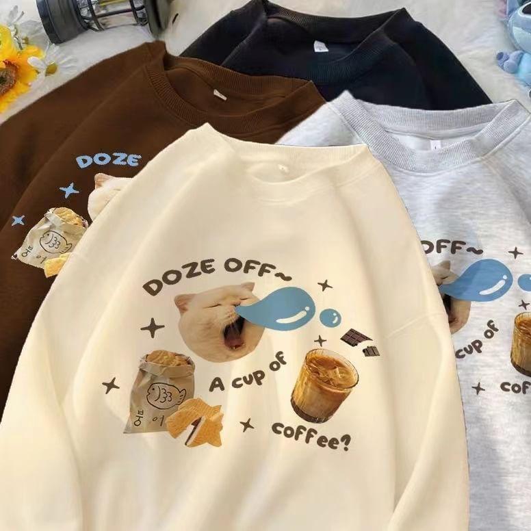 Long Sleeve Cat & Lettering Print Loose-Fit Sweatshirt Product Image