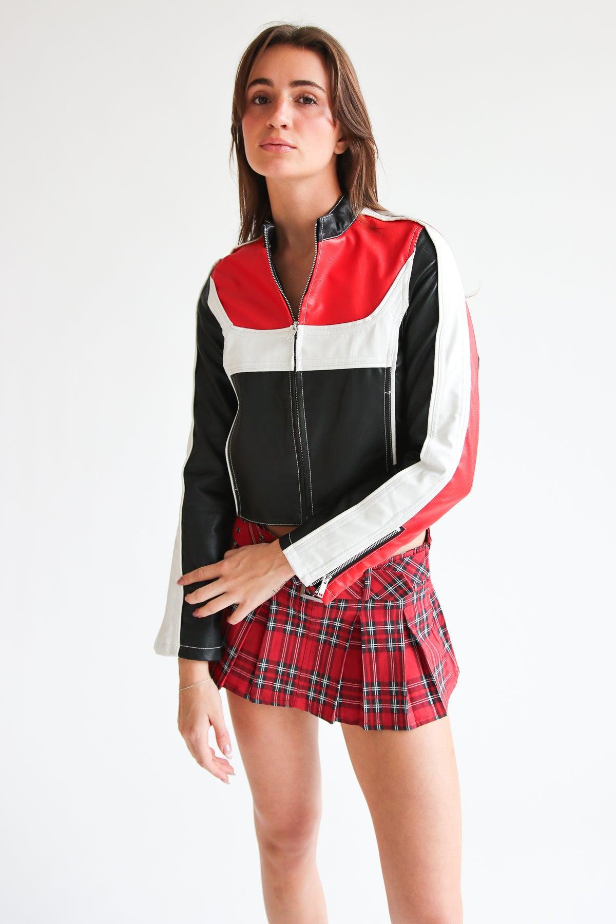 Red & Black Pleather Moto Jacket Product Image