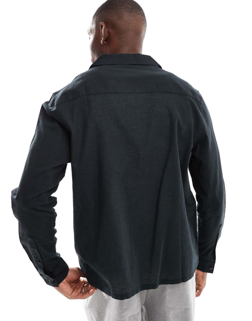 ASOS DESIGN relaxed revere linen blend shirt in black Product Image