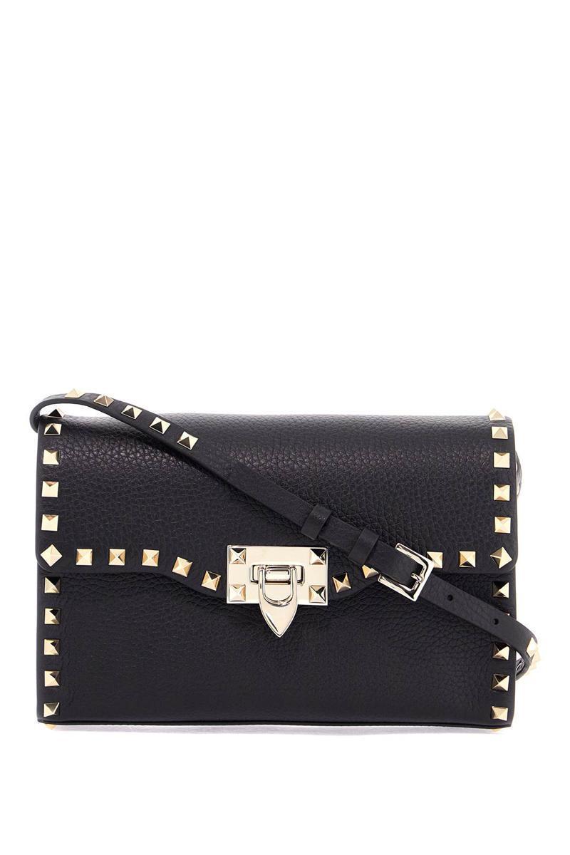 VALENTINO GARAVANI Small Black Leather Shoulder Bag With Golden Studs Product Image