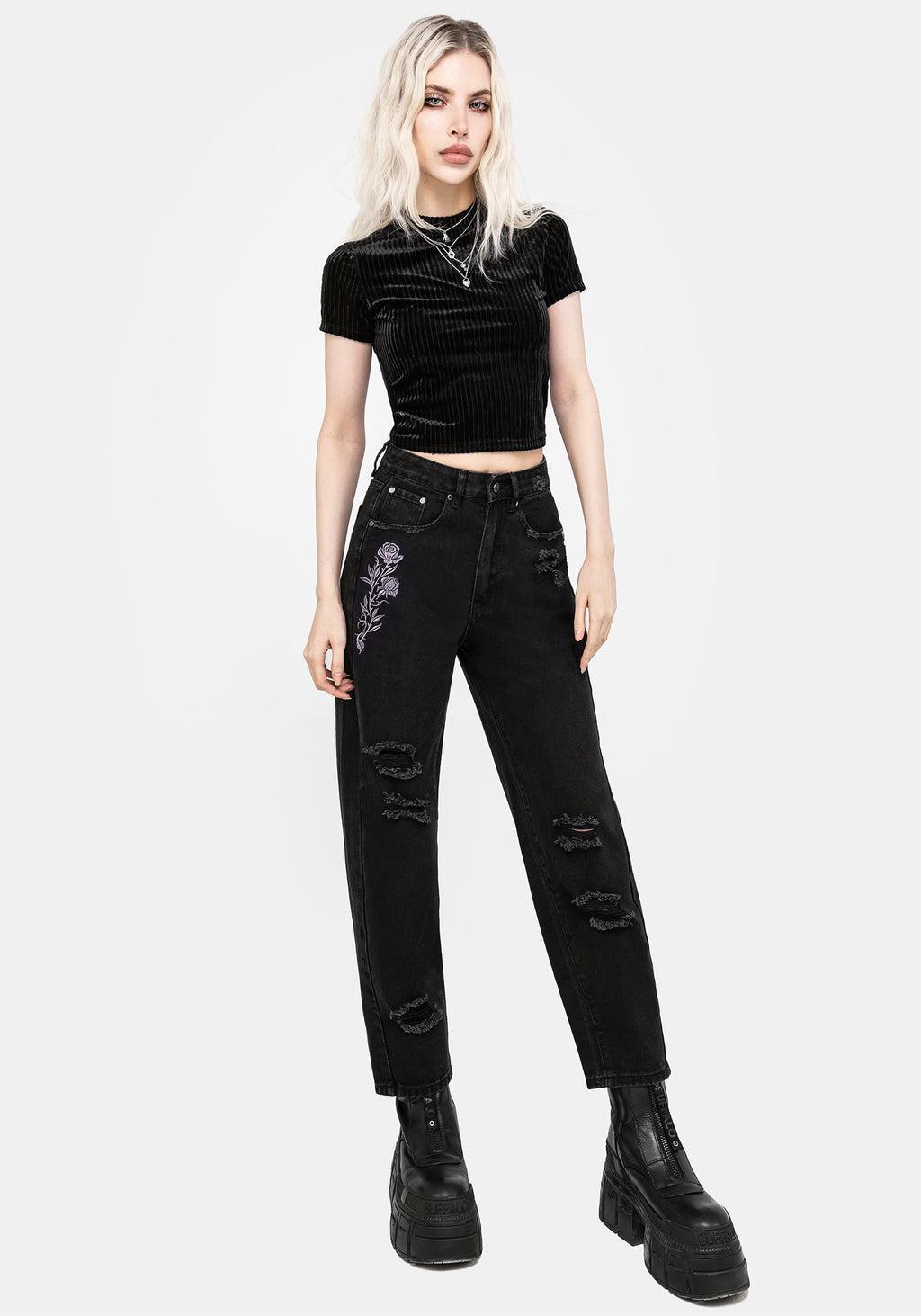 Deadhead Rose Embroidered Distressed Denim Barrel Leg Jeans Product Image