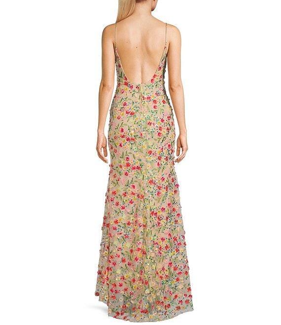 Honey and Rosie 3D Floral Sequin Spaghetti Strap Mermaid Dress Product Image