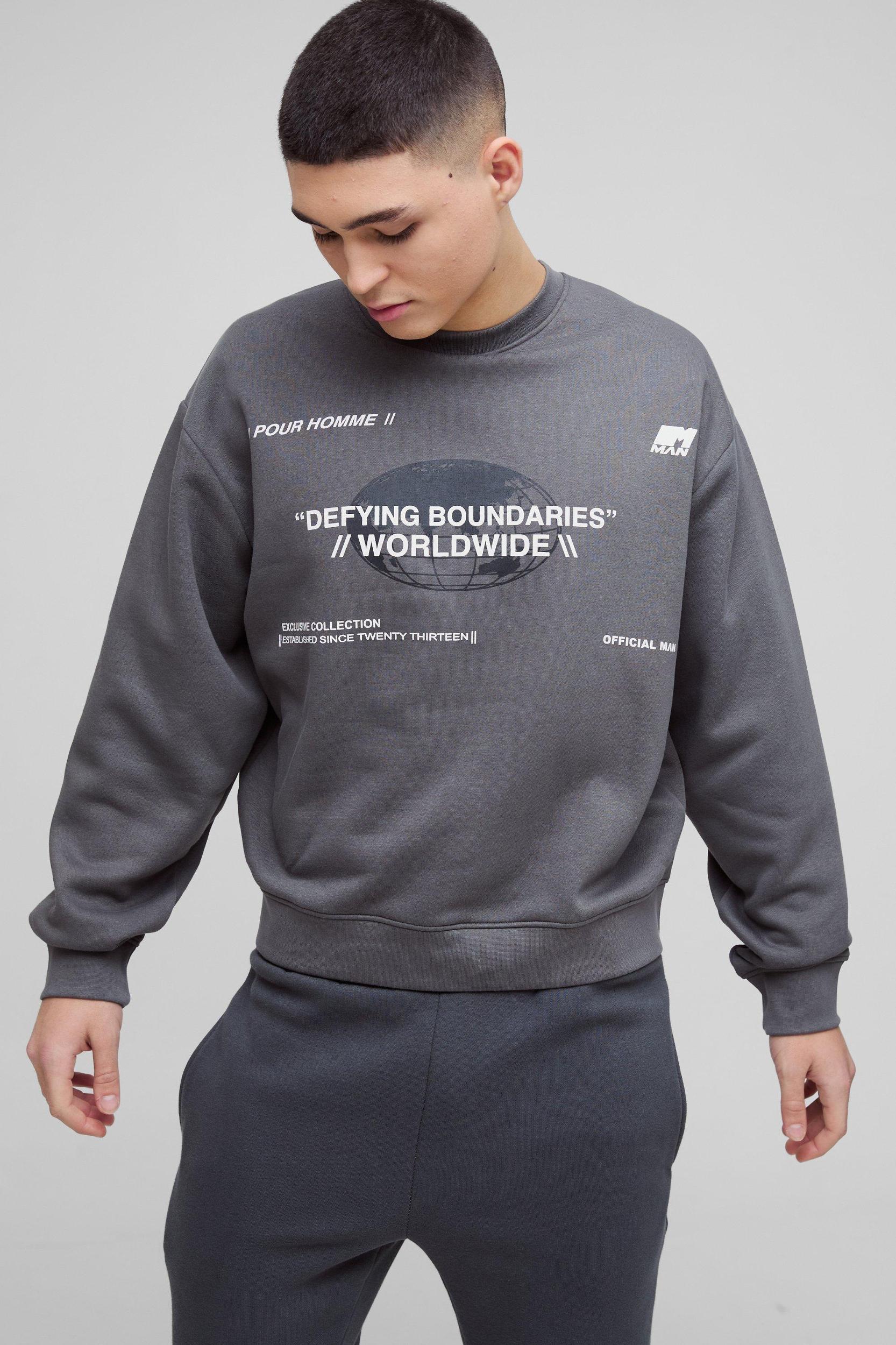Mens Oversized Boxy Multi Branded Print Sweatshirt - Grey Product Image