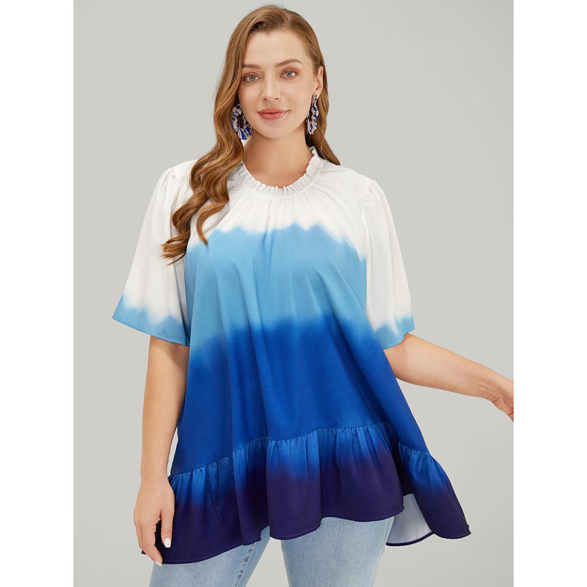 Plus Size Cerulean Tie Dye Frill Trim Mock Neck Ruffle Asymmetrical Hem Blouse Women Vacation Half Sleeve Mock Neck Dailywear Blouses BloomChic 30/6X Product Image