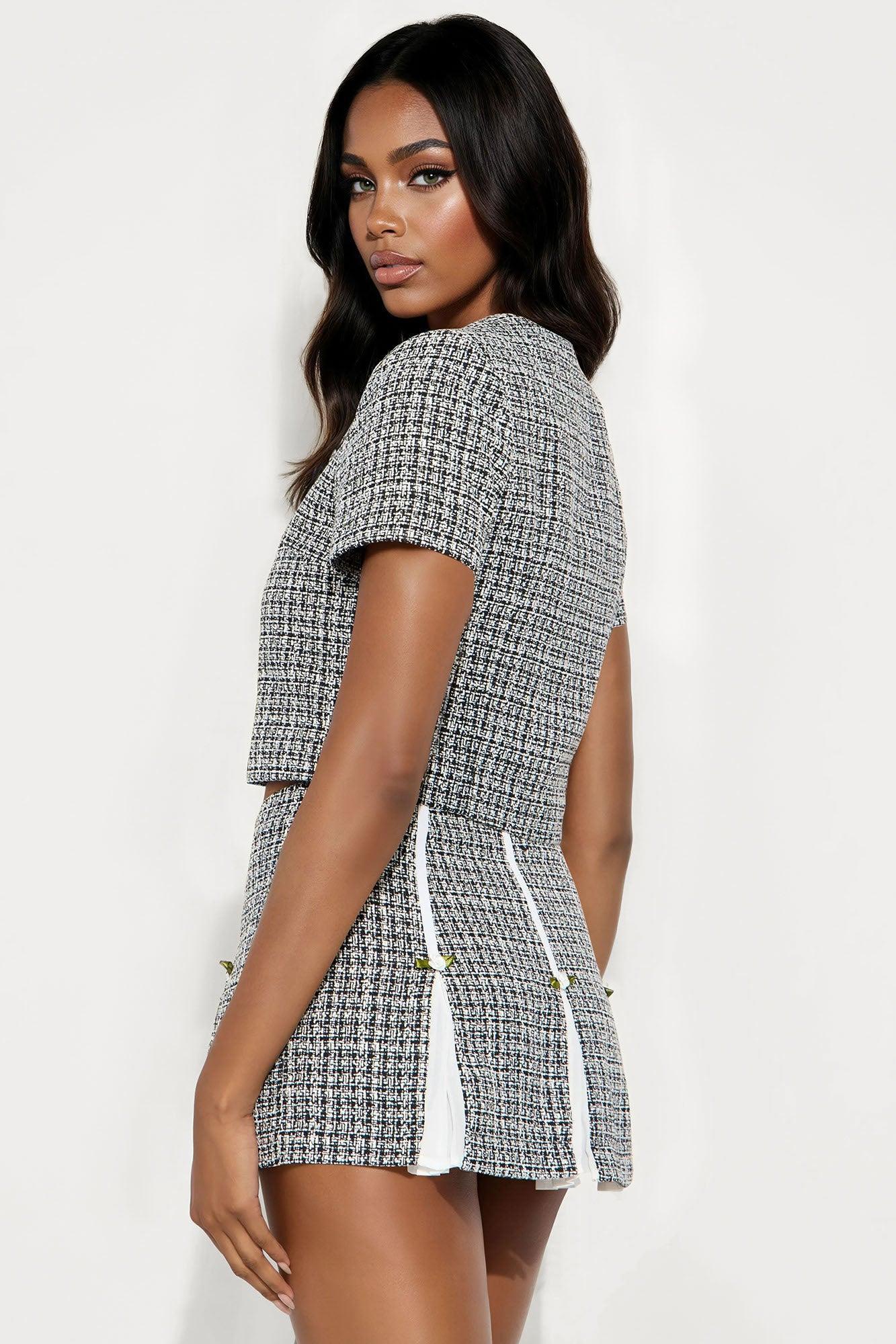 Let's have Tea Tweed Cropped Short Sleeve Blazer - Black Female Product Image