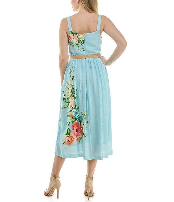 Moda Tara Raffia Belt Floral Square Neckline Midi Sleeveless A-Line Dress Product Image