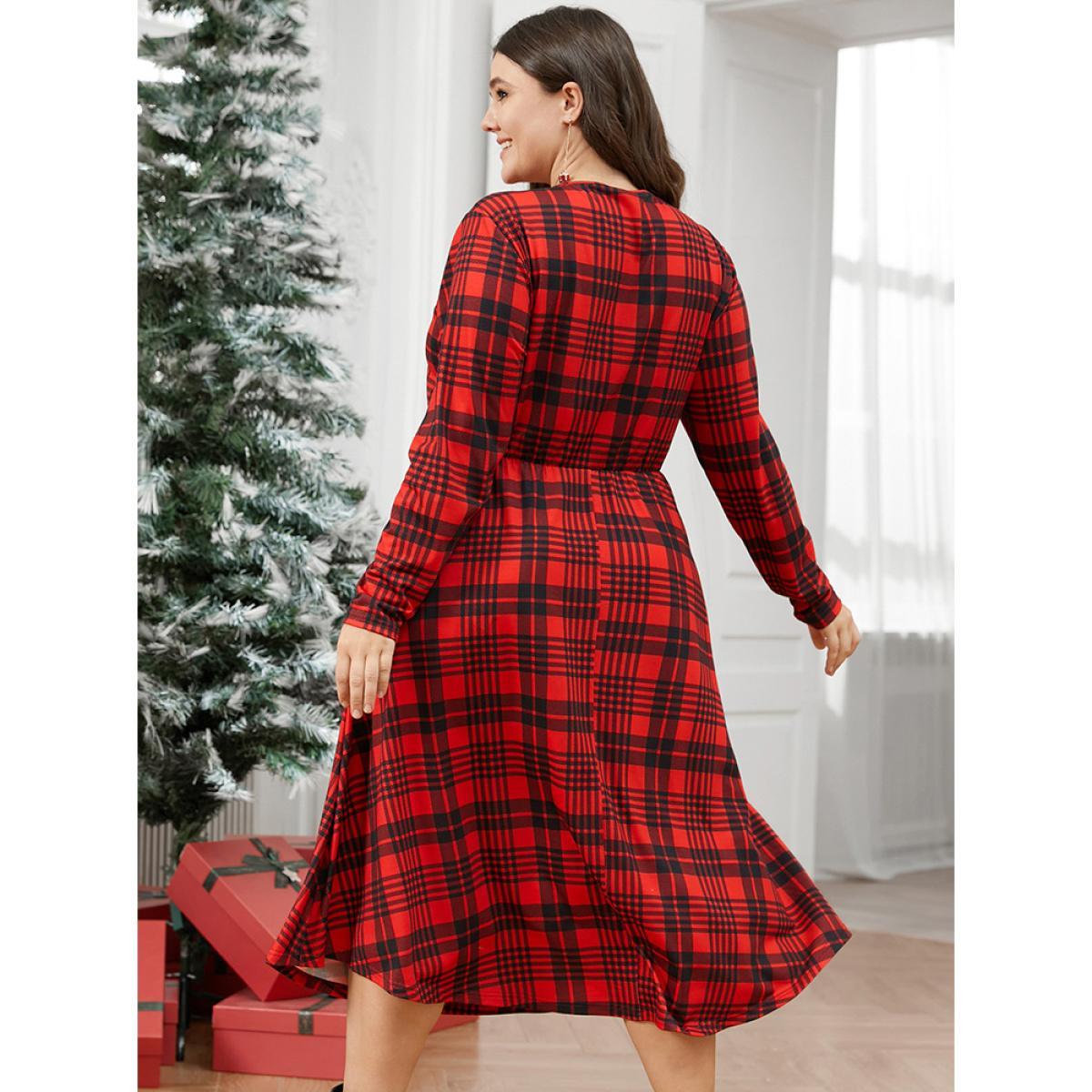 Plus Size Plaid Surplice Neck Pocket Midi Dress Red Women Elegant Elastic Waist V-neck Long Sleeve Curvy Midi Dress BloomChic 12/L Product Image