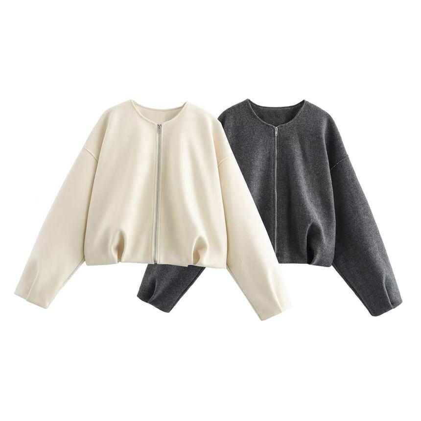 Crewneck Faux Leather Zip-Up Jacket Product Image