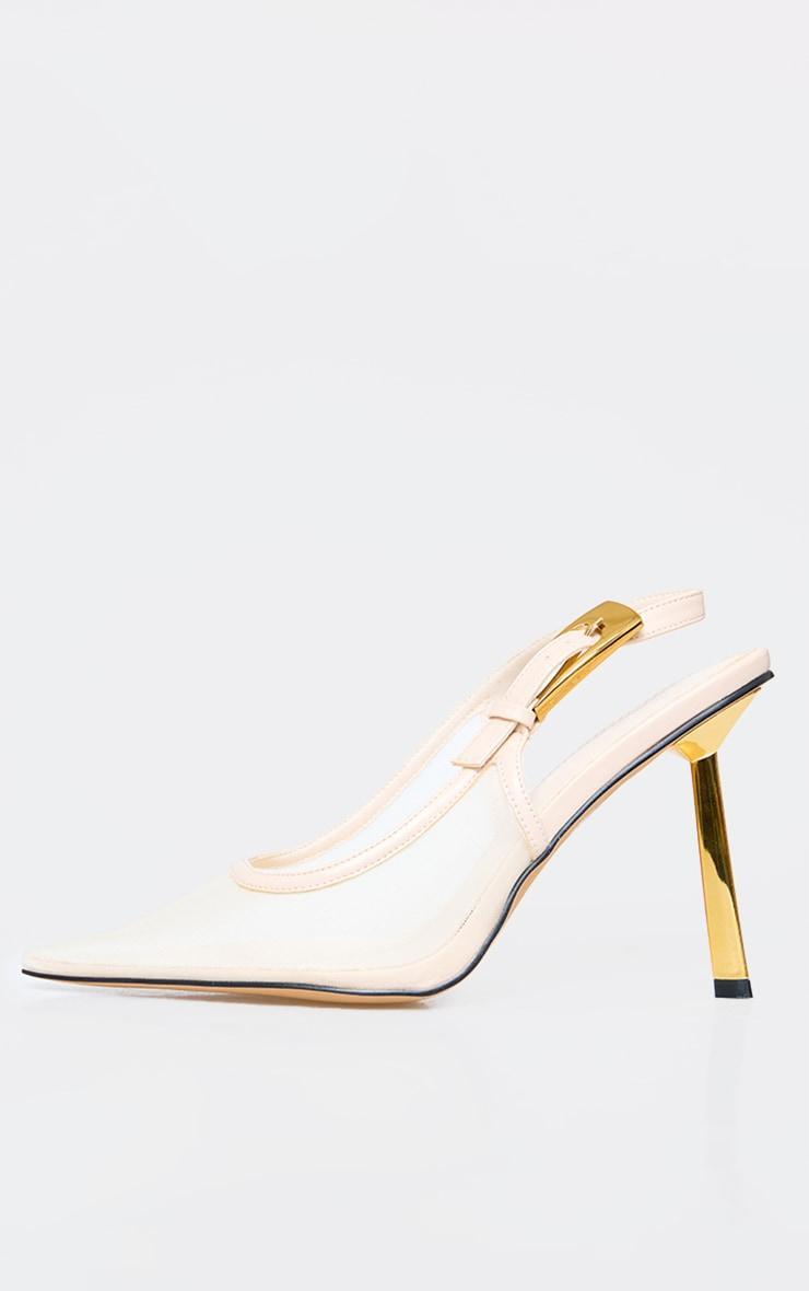 Cream Mesh Gold Buckle Point Toe Court Heels Product Image