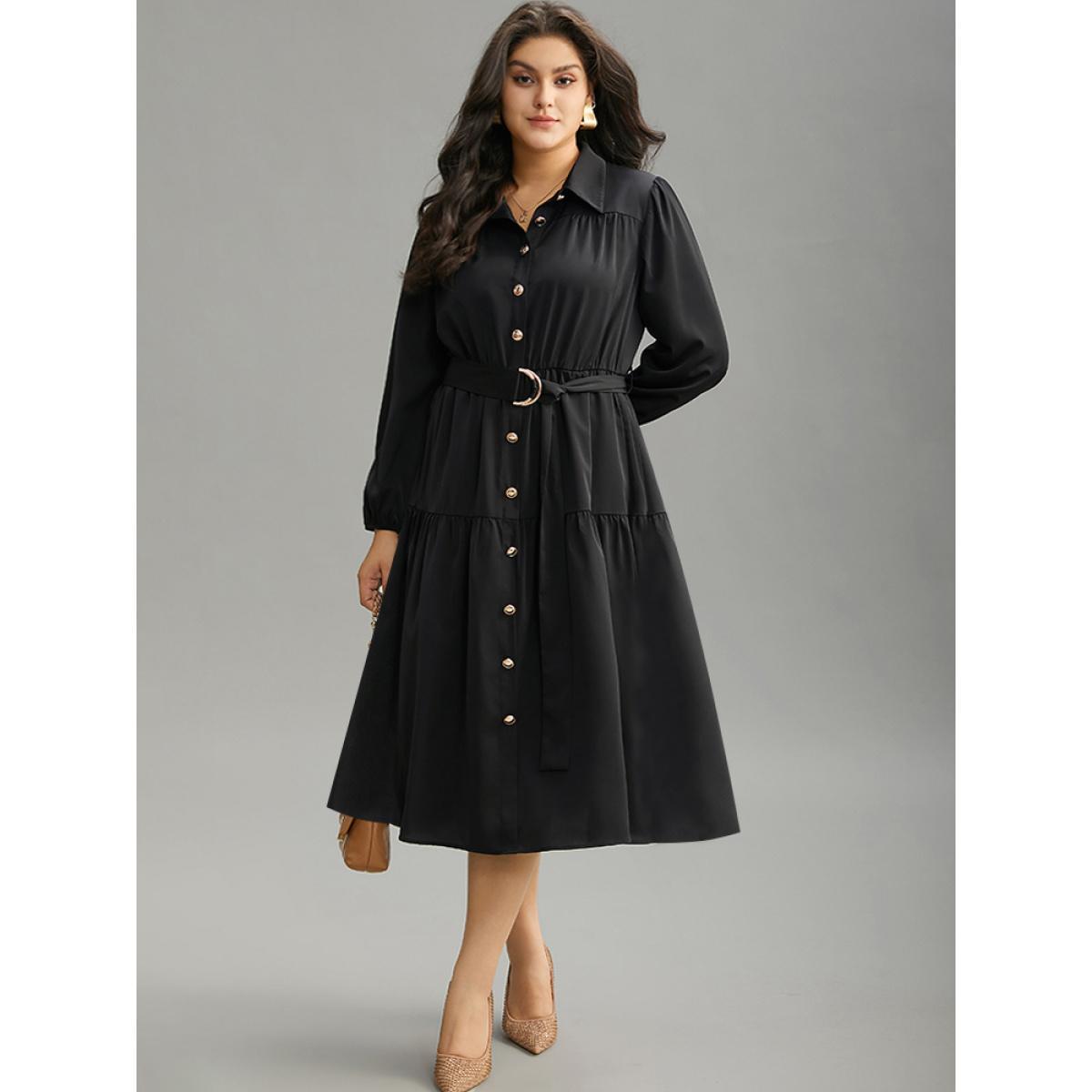 Plus Size Anti-Wrinkle Shirt Collar Belted Metal Detail Dress Black Women Office Plain Shirt collar Long Sleeve Curvy Midi Dress BloomChic 30/6X Product Image