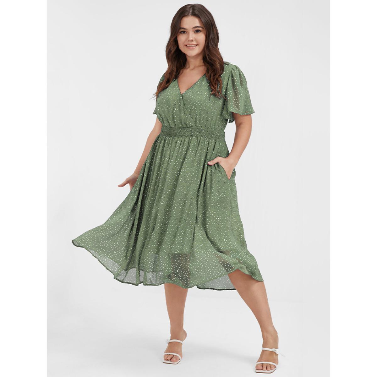 Polka Dot Printed Plus Size Women Midi Dress Dailywear Ruffle Sleeve Short Sleeve V Neck Pocket Elegance Dresses BloomChic Product Image
