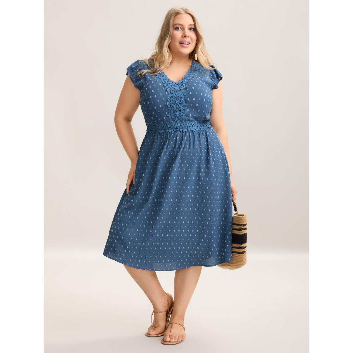 Plus Size Lace Textured Spliced Pockets Midi Dress Mediumblue Women Resort Woven ribbon&lace trim V-neck Cap Sleeve Curvy BloomChic 22-24/3X Product Image