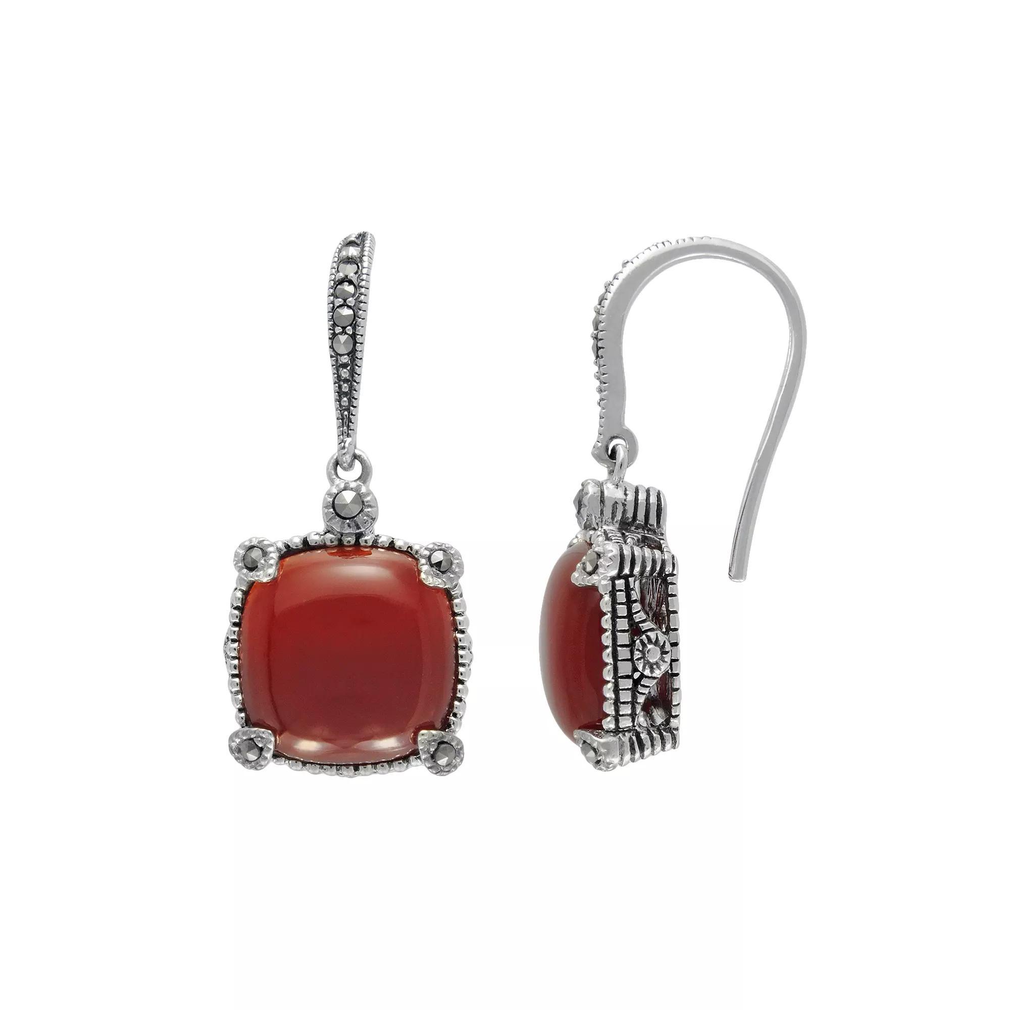 Lavish by TJM Sterling Silver Red Agate & Marcasite Cushion Earrings, Womens Product Image
