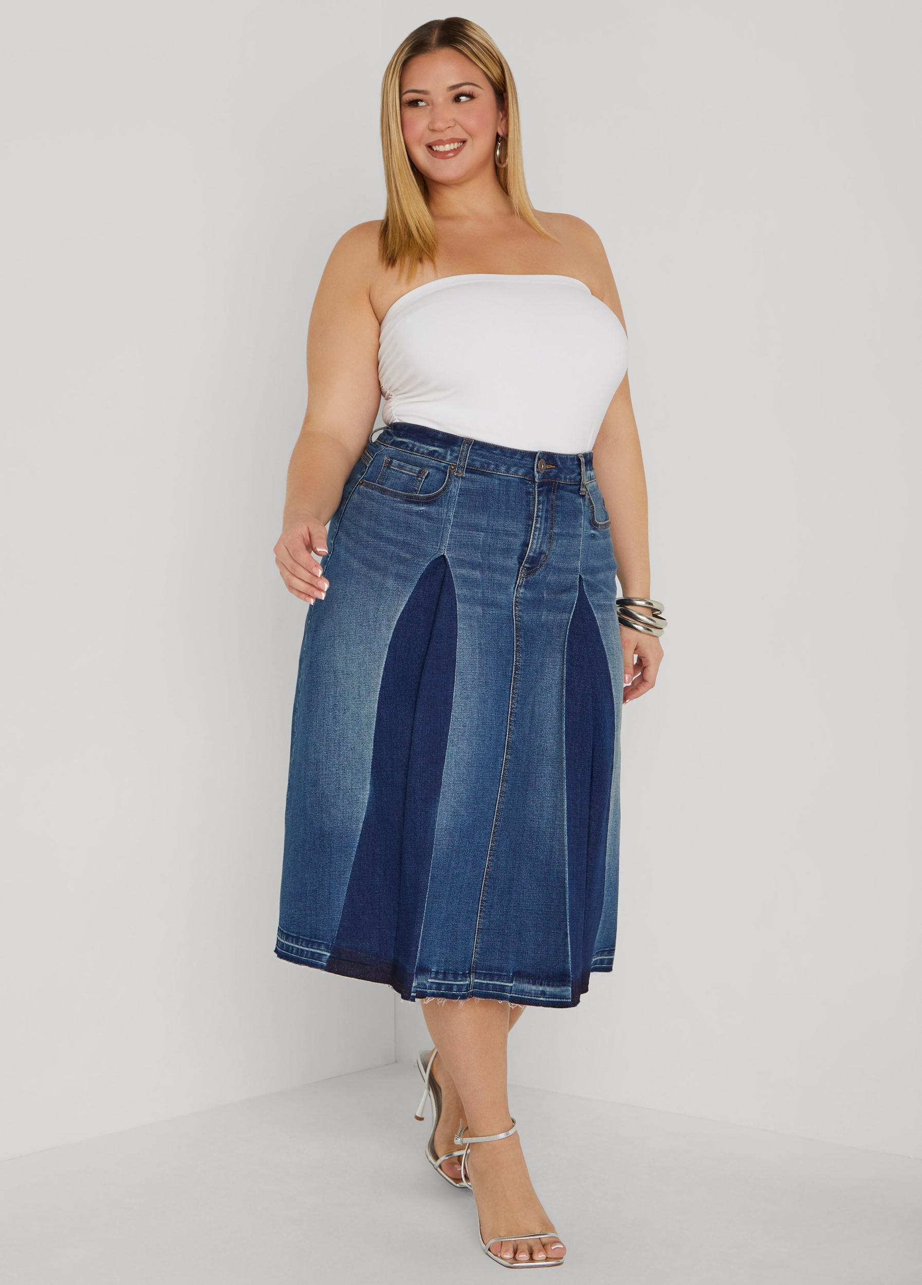 Frayed Pleated Denim Midi Skirt Product Image