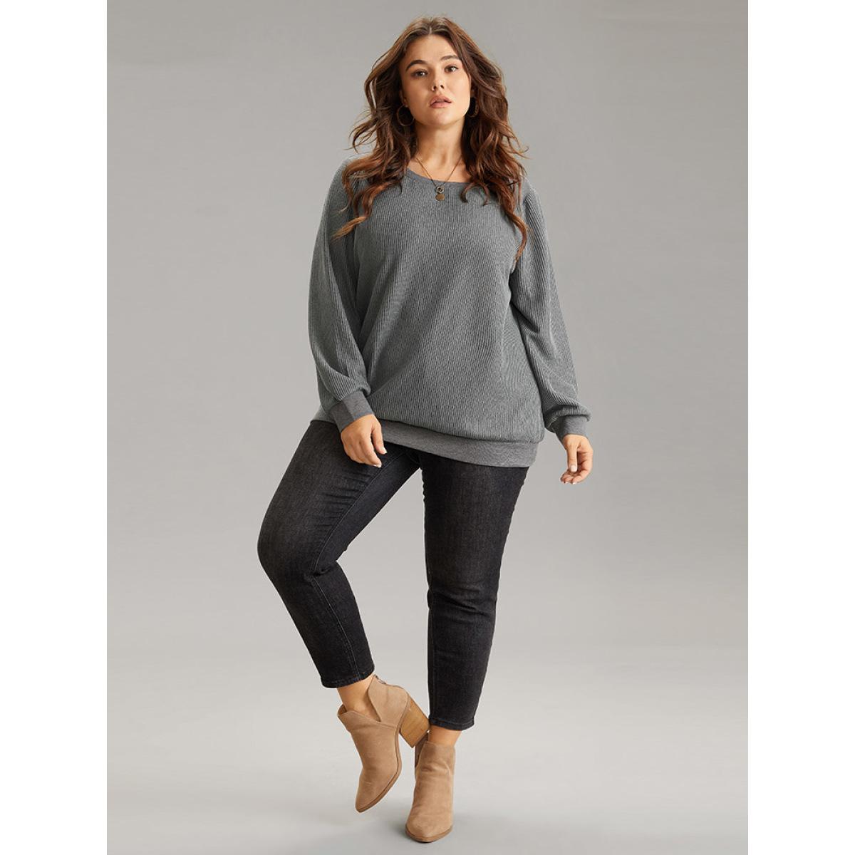 Plus Size Plisse Solid Elastic Hem Crew Neck Sweatshirt Women Gray Casual Rib Knit Round Neck Everyday Sweatshirts BloomChic 14-16/1X Product Image