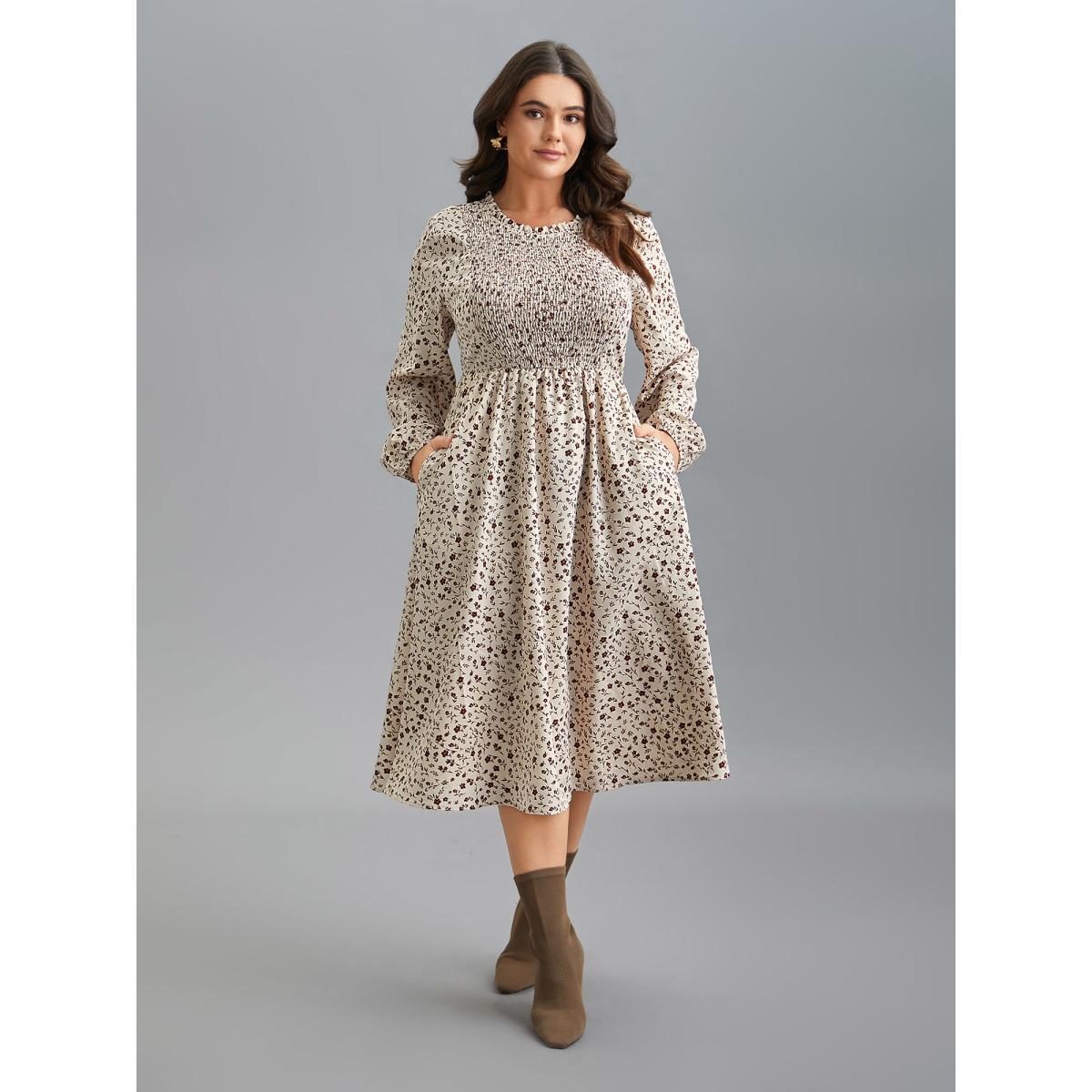 Plus Size Stretchy-Waist Printed Pockets Midi Dress Apricot Women Elegant Frill Trim Round Neck Long Sleeve Curvy BloomChic 14-16/1X Product Image