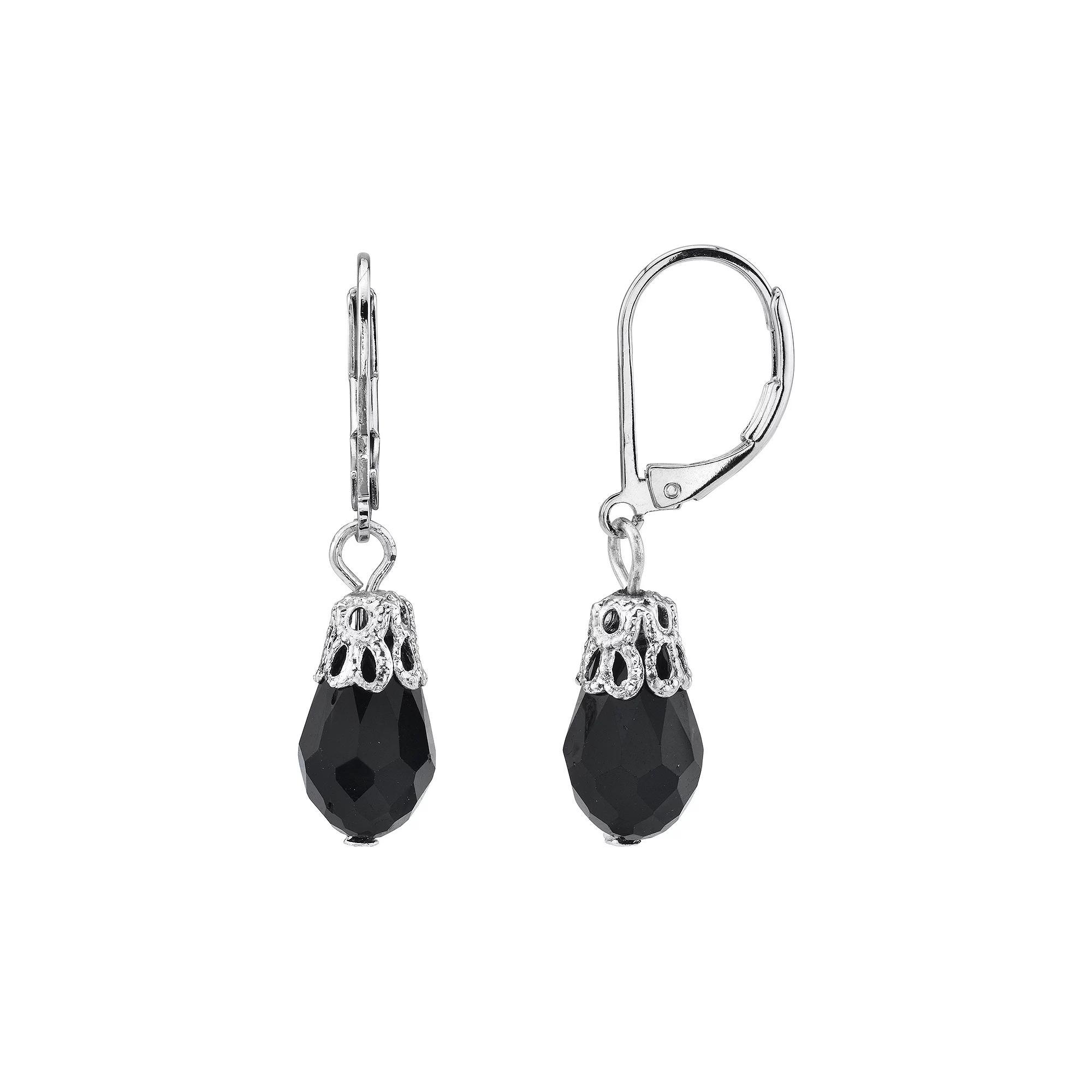 1928 Silver Tone Black Simulated Crystal Filigree Drop Earrings, Womens Product Image