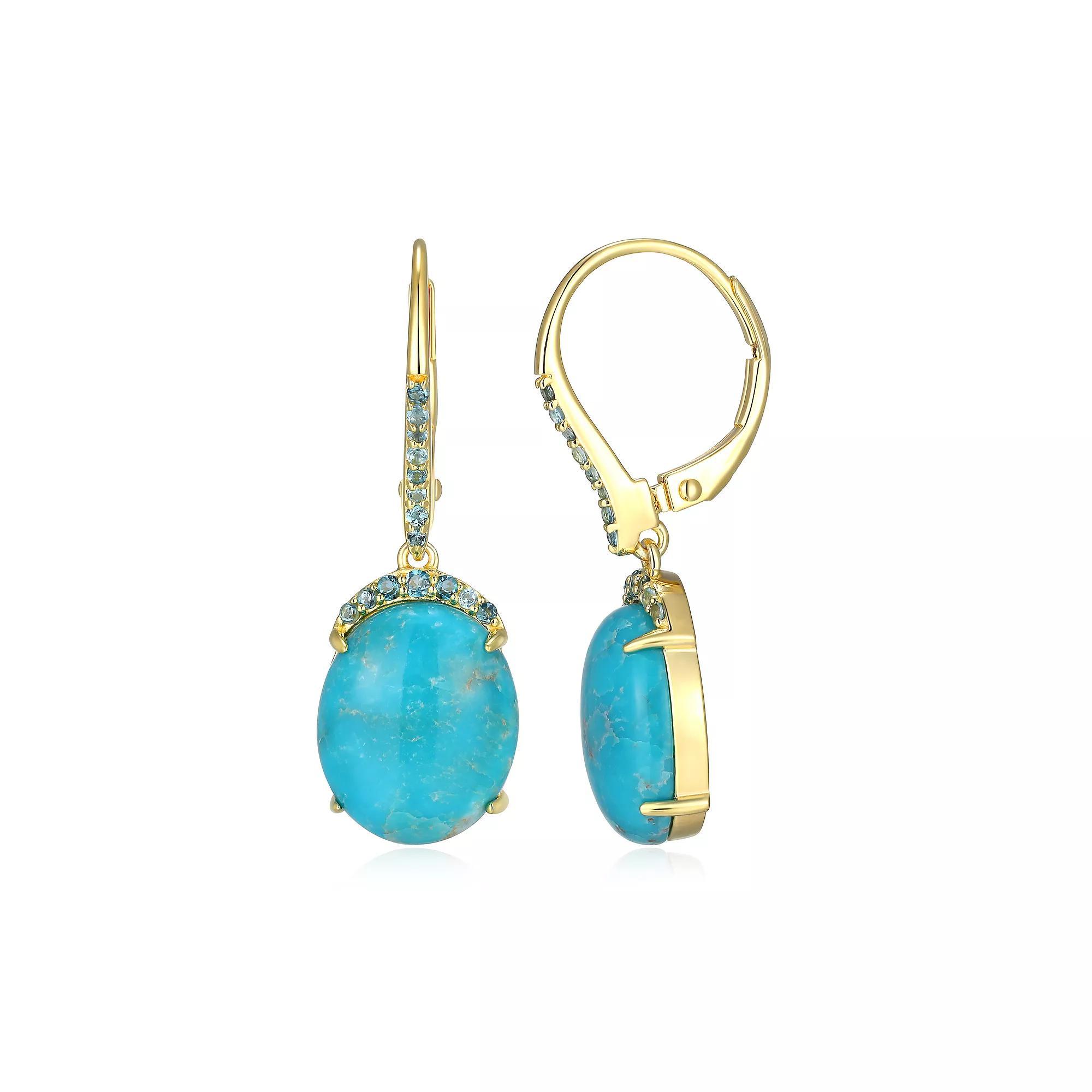 18k Gold Plated Sterling Silver Genuine Turquoise and London Blue Topaz Drop Earrings, Women's, Gold Tone Product Image
