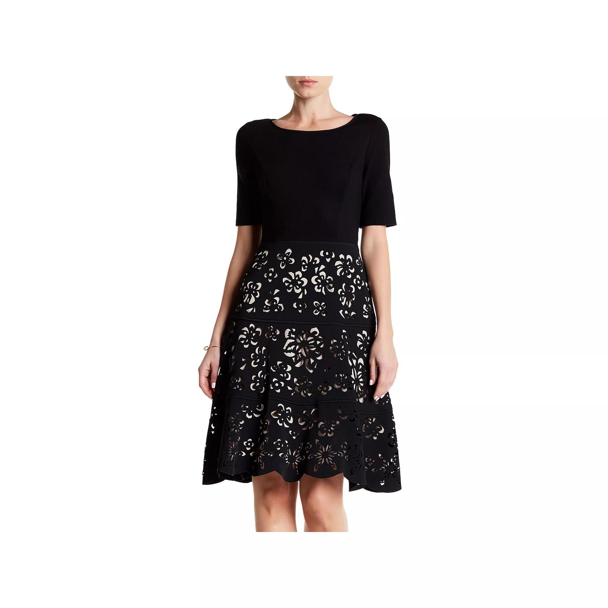 Women's Focus By Shani Ponte Fit and Flare Laser Cutting Dress, Size: 6, Black Pink Product Image