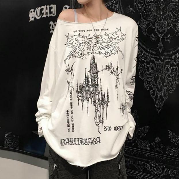 Long Sleeve Crew Neck Graphic Print Oversized T-Shirt Product Image