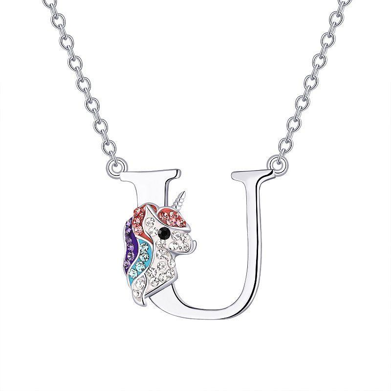Crystal Collective Silver Plated Unicorn Initial Pendant Necklace- Size 18, Womens, Silver Tone U Product Image