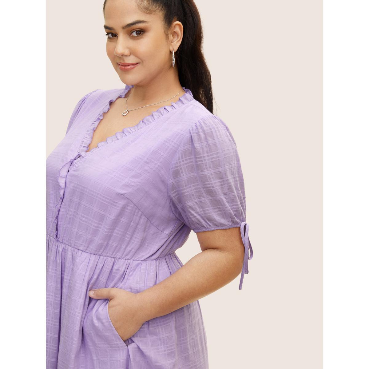 Plus Size Plaid Drawstring Puff Sleeve Frill Trim Dress Lilac Women Casual V-neck Short sleeve Curvy BloomChic 12/L Product Image