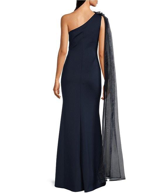 Eliza J Stretch Scuba One Shoulder Organza Flower Cape Pleated Mermaid Gown Product Image