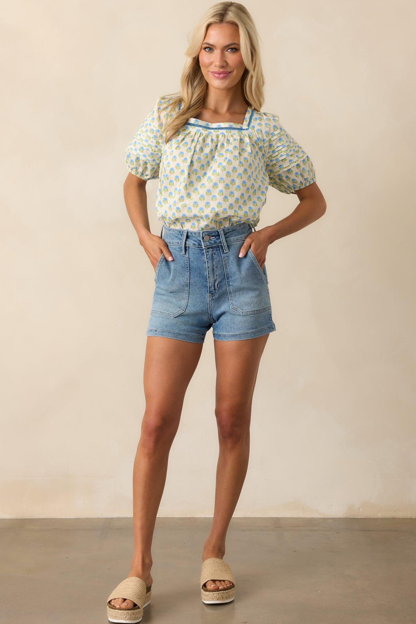 Right Where You Are Blue Floral Cotton Puff Sleeve Top Product Image