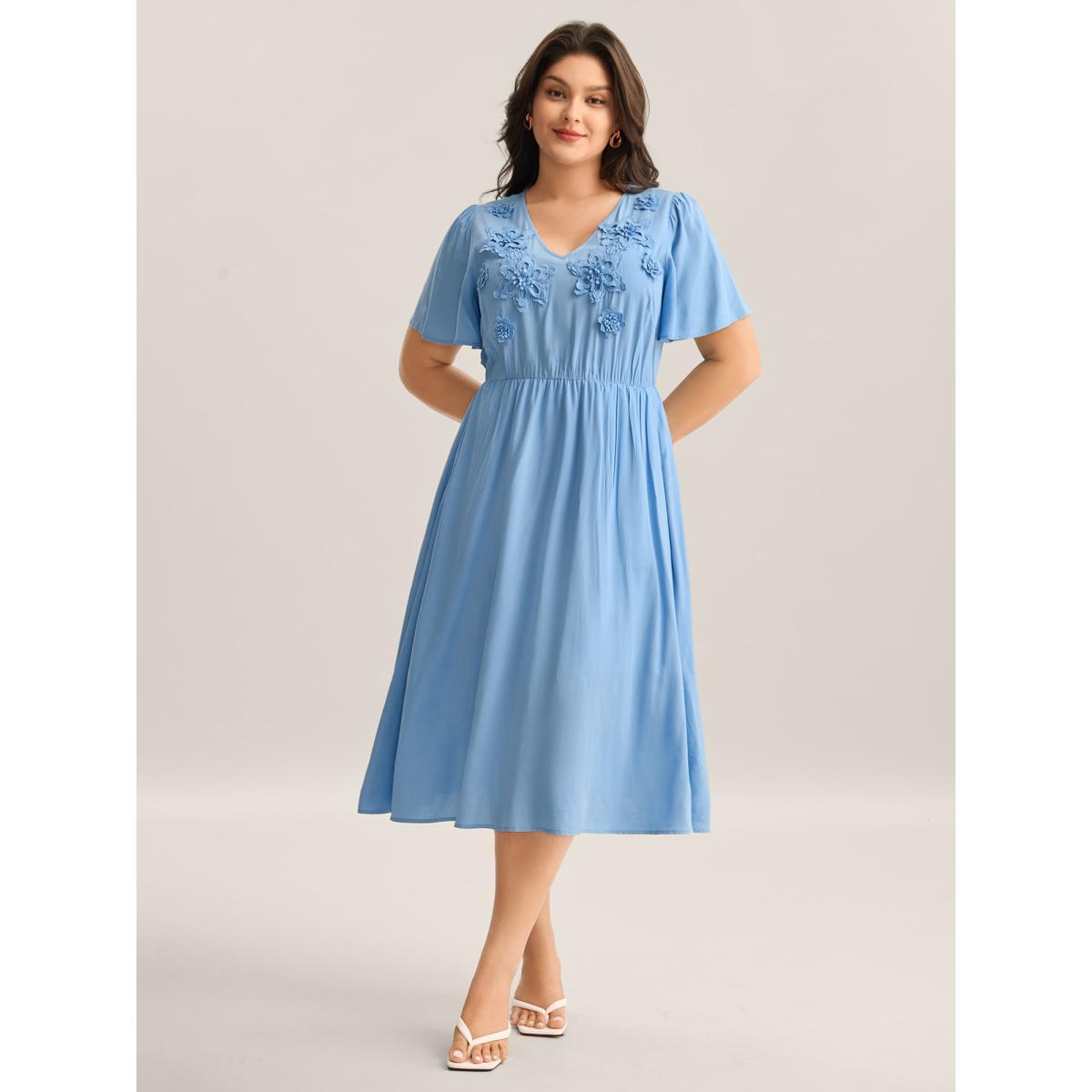 Plus Size Rayon Floral Detail Cinched-Waist Midi Dress Skyblue Women V-neck Short sleeve Curvy BloomChic 12/L Product Image