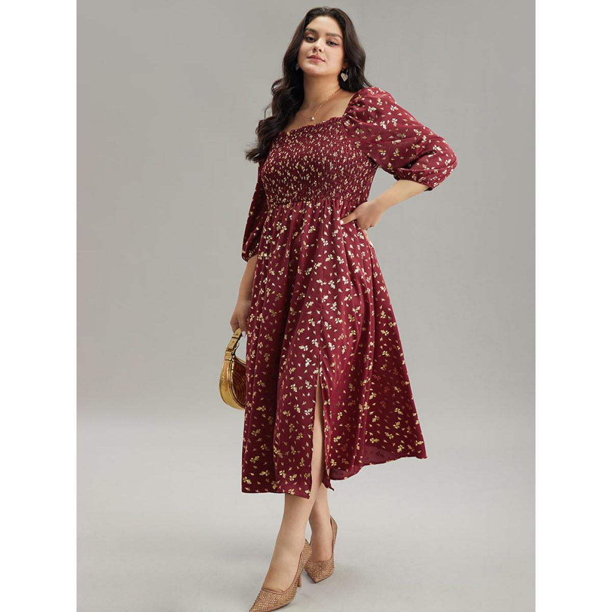 Plus Size Glitter Square Neck Shirred Split Front Frill Trim Dress Scarlet Women Party Elastic cuffs Square Neck Elbow-length sleeve Curvy Midi Dress BloomChic 28/5X Product Image