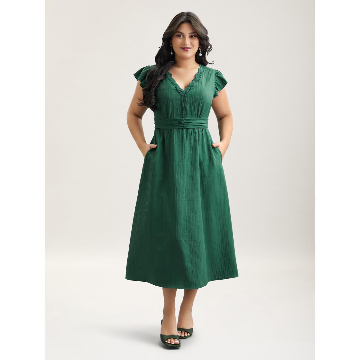 Plus Size Lace Trim Stitch Textured Waist-Defined Midi Dress Emerald Women Elegant Woven ribbon&lace trim V-neck Cap Sleeve Curvy BloomChic 12/L Product Image
