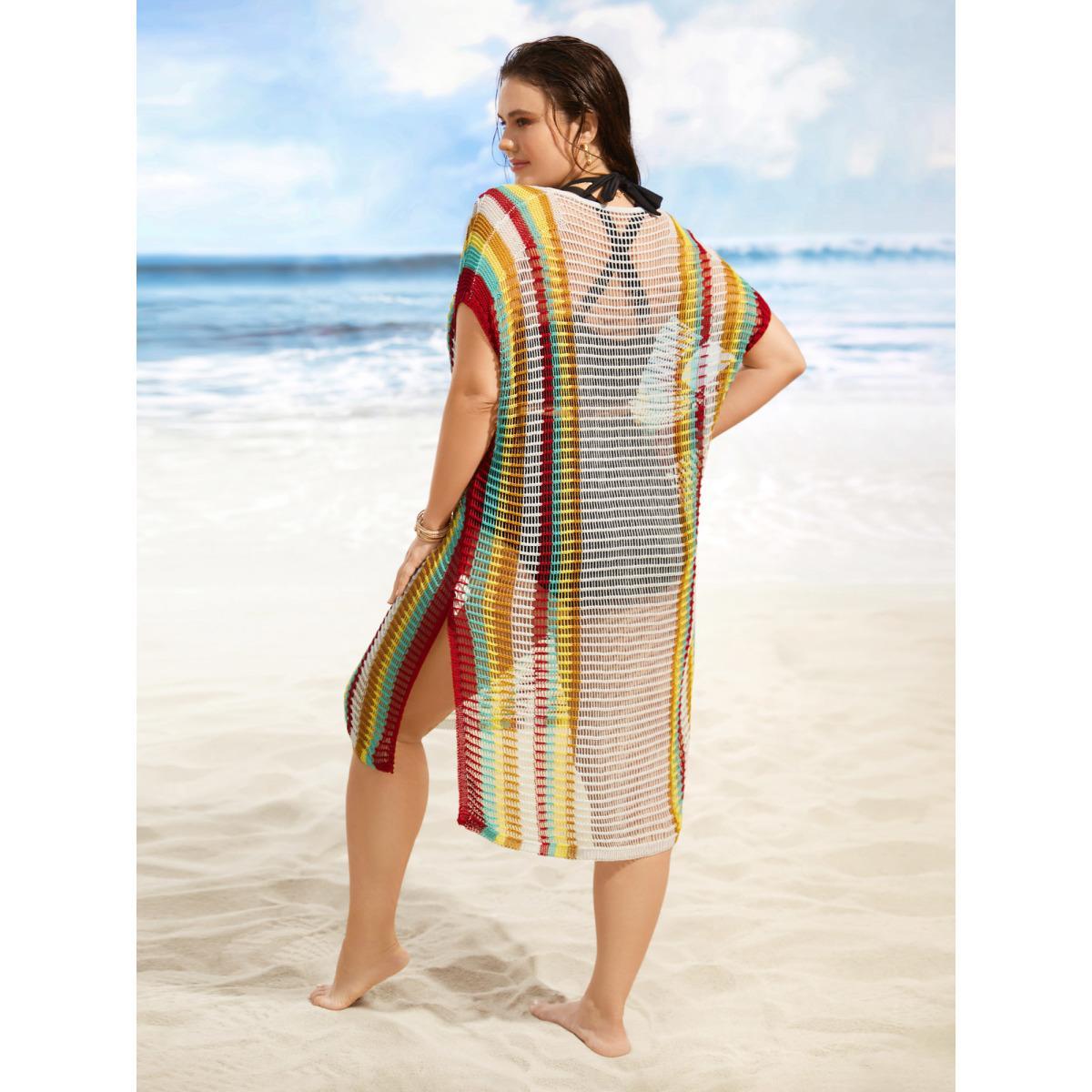 Plus Size Contrast Striped Dolman Sleeve Split Side Swim Cover Up Women's Swimwear Originalwhite Beach Loose Texture Curve Swim Cover Ups BloomChic 30/6X Product Image