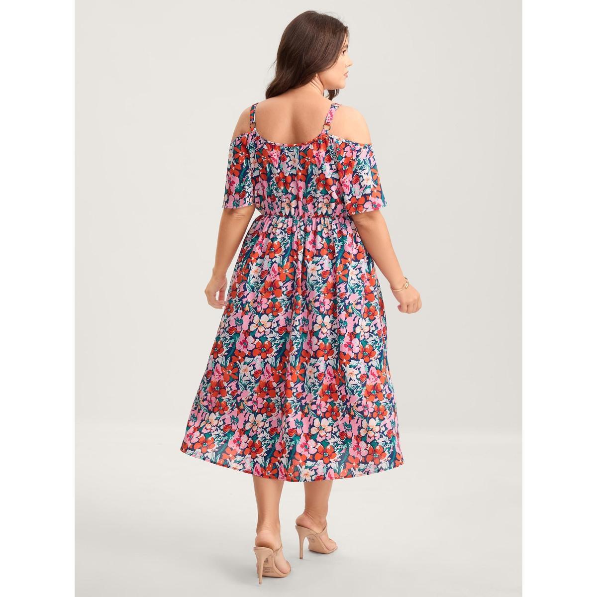 Plus Size Floral Print Off-Shoulder Pockets Midi Dress DarkBlue Women Heart neckline Short sleeve Curvy BloomChic 14-16/1X Product Image