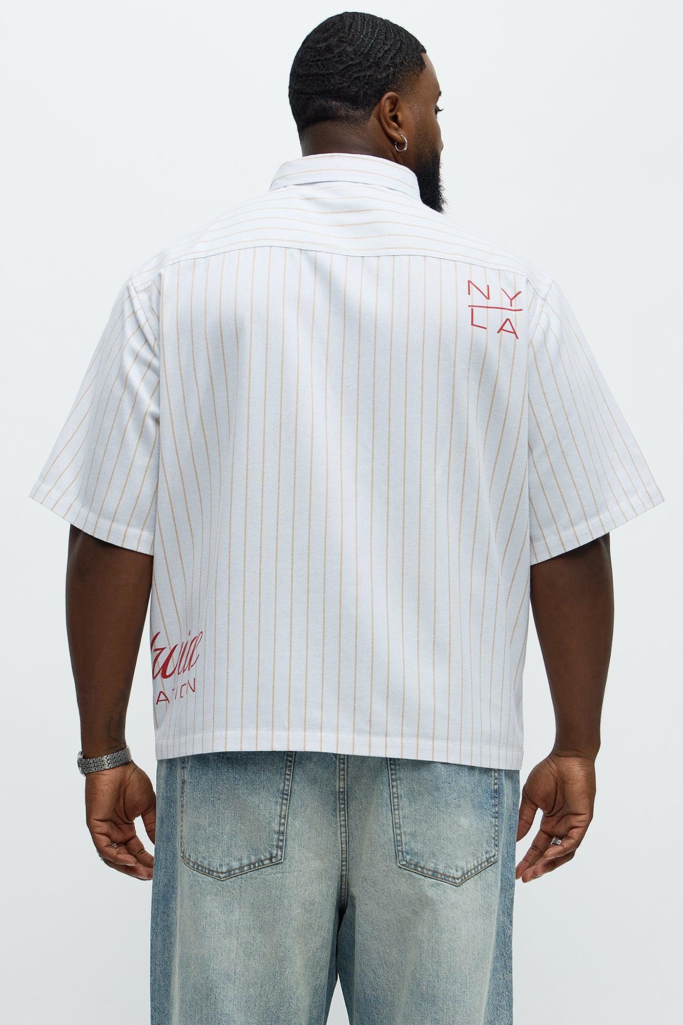 Worldwide Striped Cropped Button Up Shirt - White Product Image