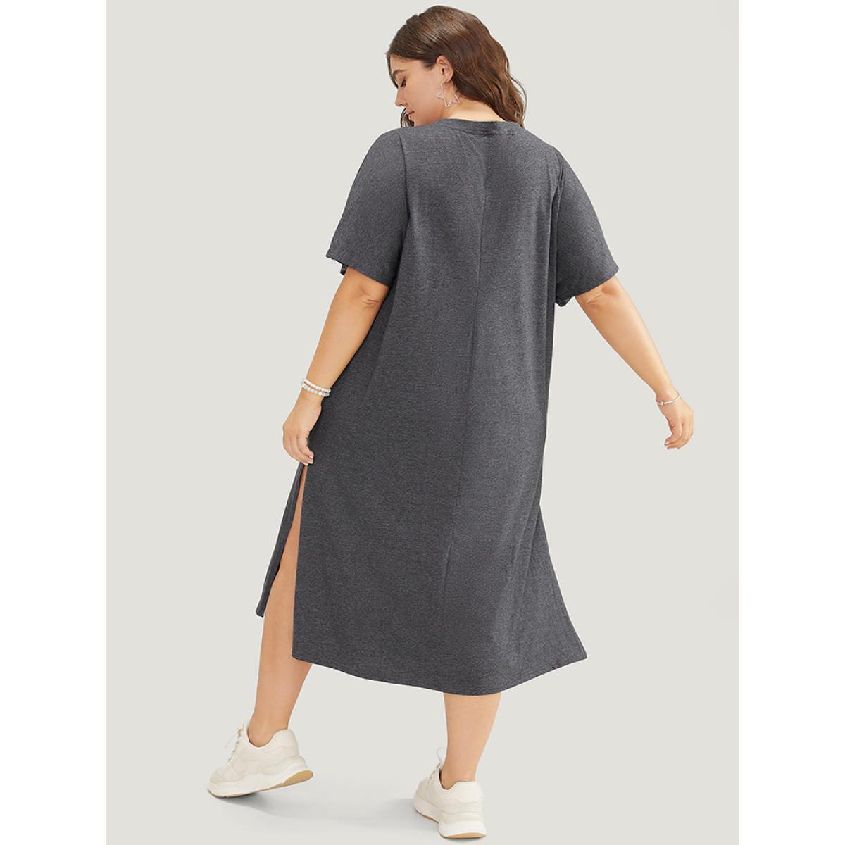 Plus Size Cat Print Split Hem Pocket Dolman Sleeve Tee Dress DimGray Women Casual Plain Curvy Midi Dress BloomChic 26/4X Product Image