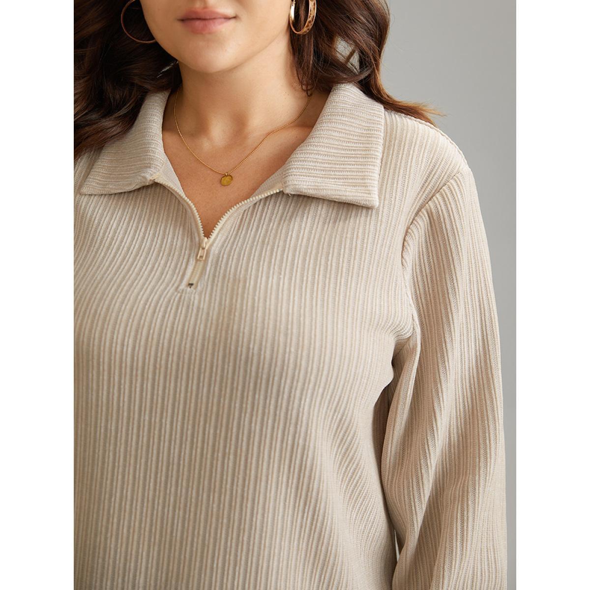 Plus Size Plain Heather Zipper Texture Polo Sweatshirt Women LightBrown Casual Texture Polo Dailywear Sweatshirts BloomChic 30/6X Product Image