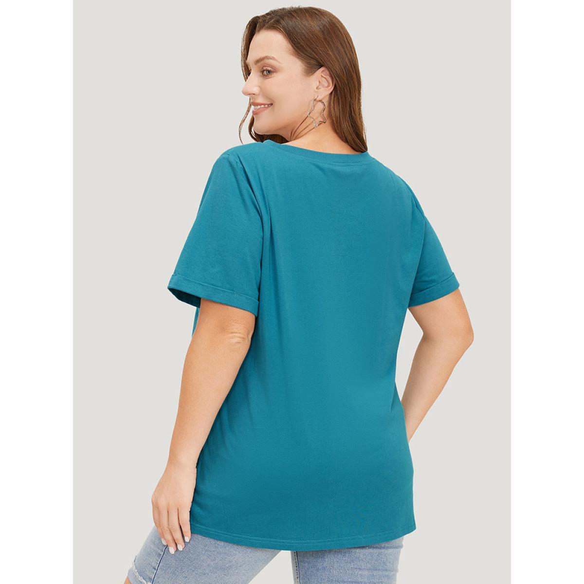 Plus Size Floral & Letter Roll Sleeve T-shirt Cerulean Women Casual Printed Natural Flowers Dailywear T-shirts BloomChic 10/M Product Image