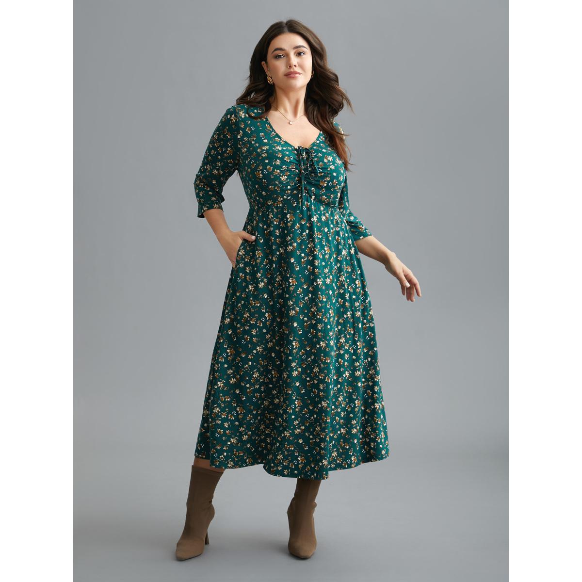 Plus Size Ditsy Floral Chest Drawstring Midi Dress DarkGreen Women Elegant Drawstring Knit Dresses Bloomchic 28/5X Product Image
