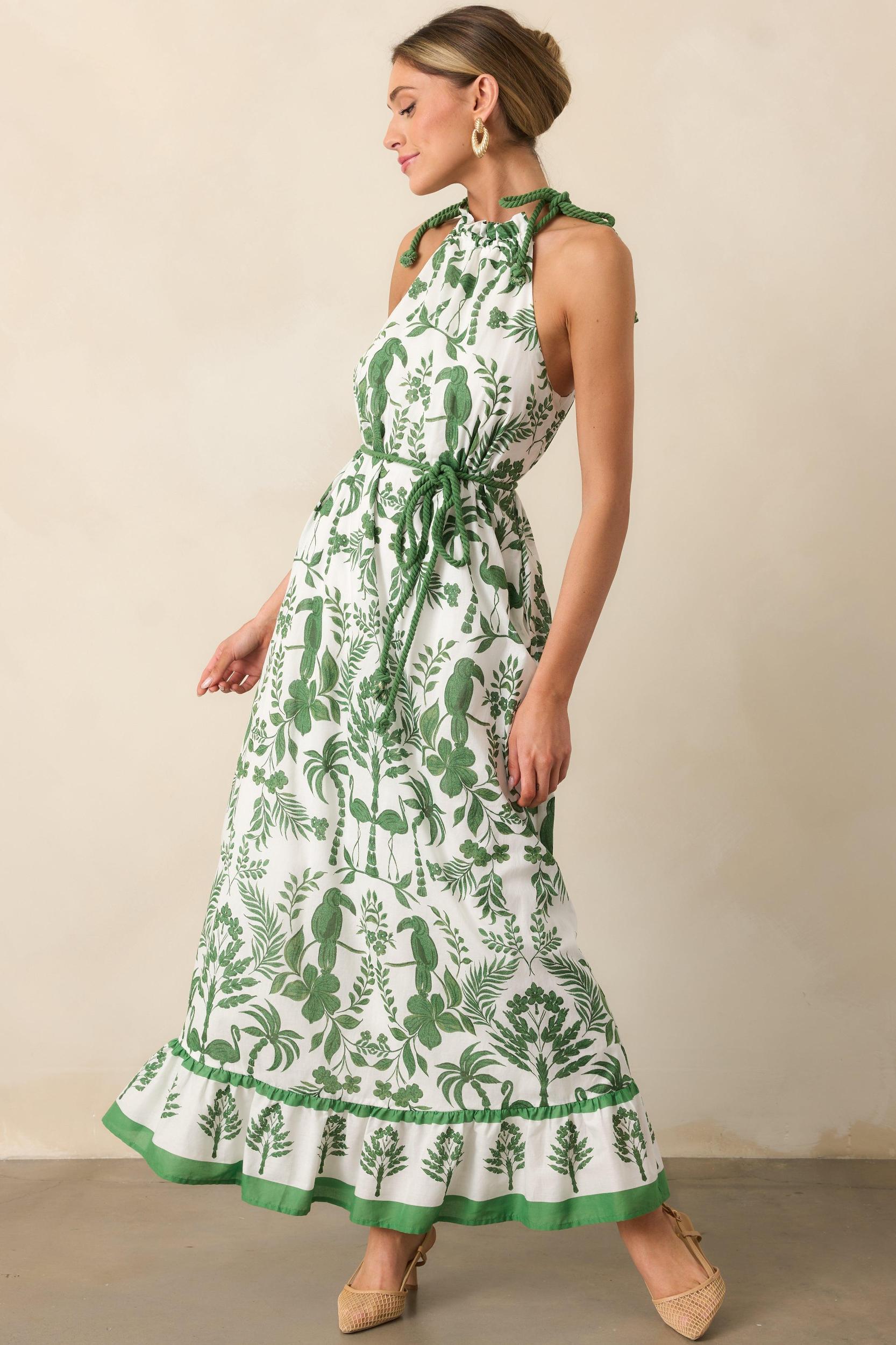 Breeze Through Paradise Cotton Green Tropical Print Maxi Dress Product Image