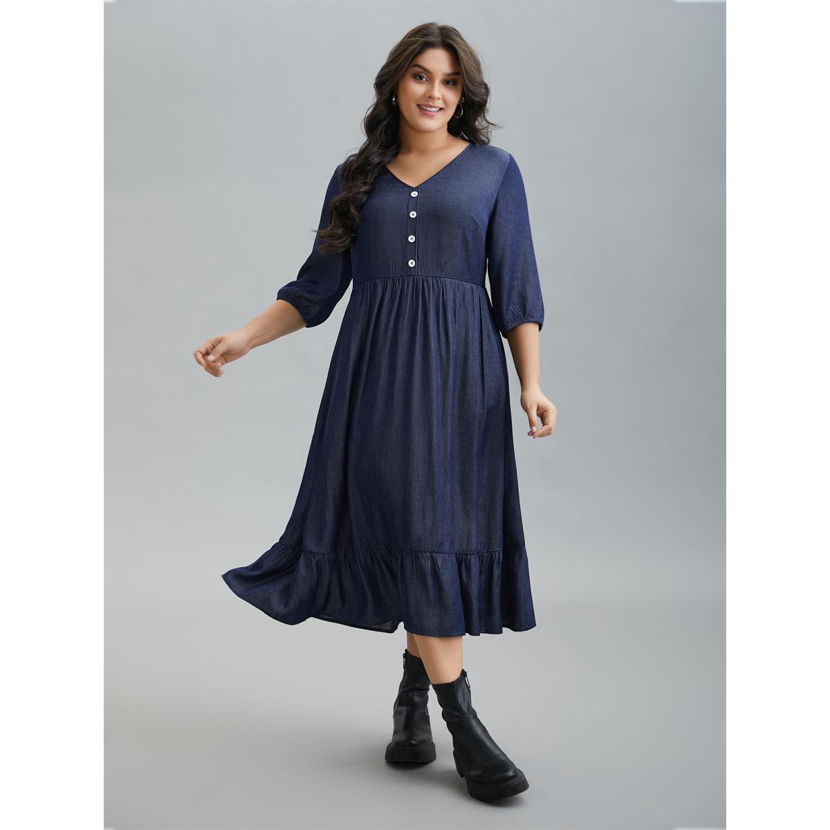 Plus Size V-Neck Button Tiered Maxi Dress Mediumblue Women Casual Button V-neck Elbow-length sleeve Curvy BloomChic 22-24/3X Product Image