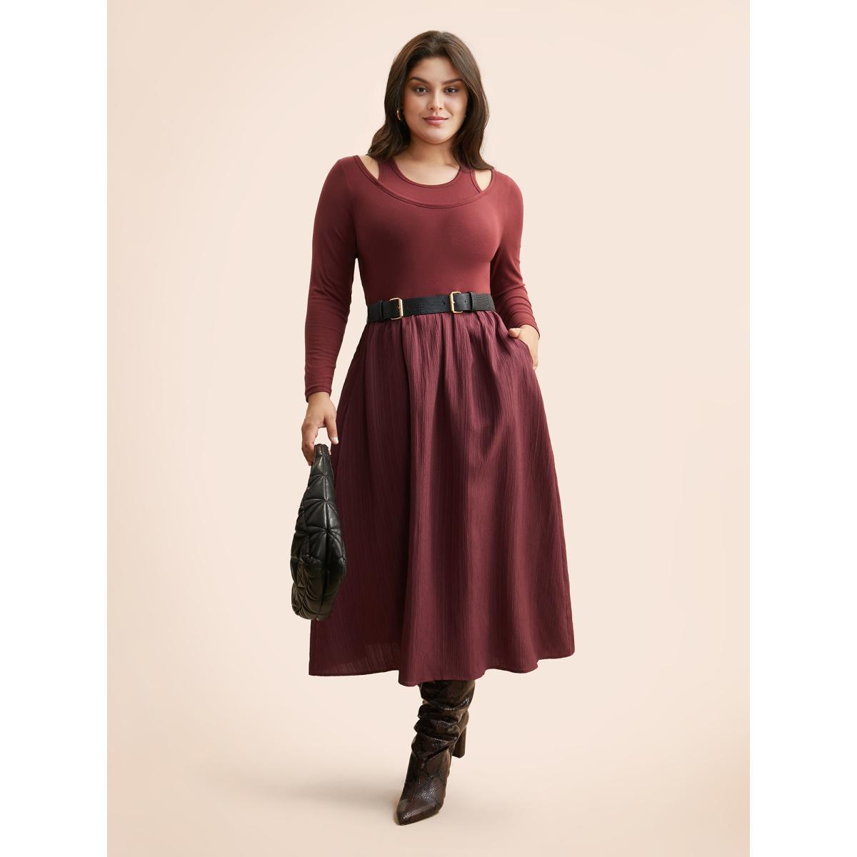 Plus Size 2-In-1 Patchwork Gathered Dress Burgundy Women Casual Texture Round Neck Long Sleeve Curvy BloomChic 26/4X Product Image