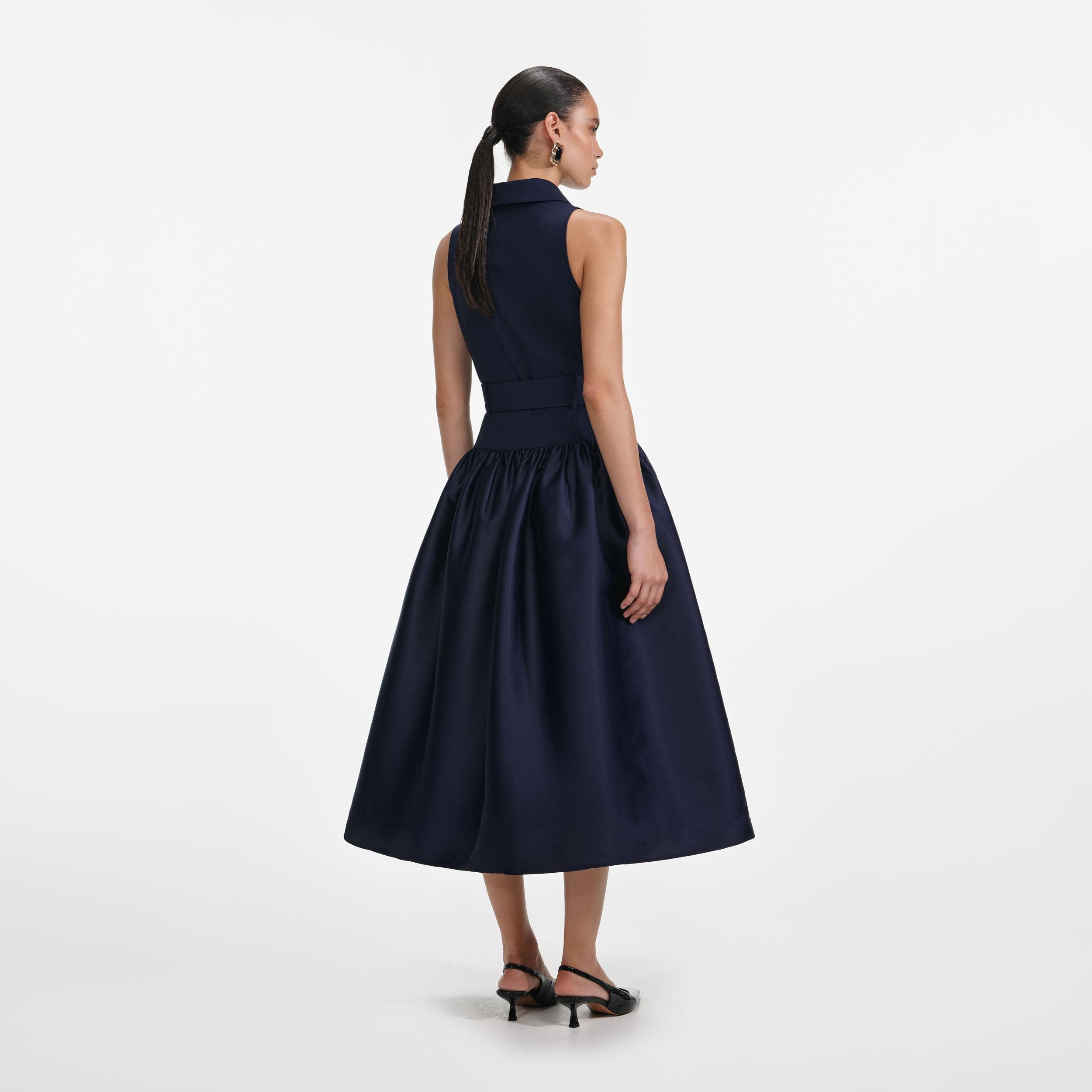 Navy Belted Twill Midi Dress Product Image